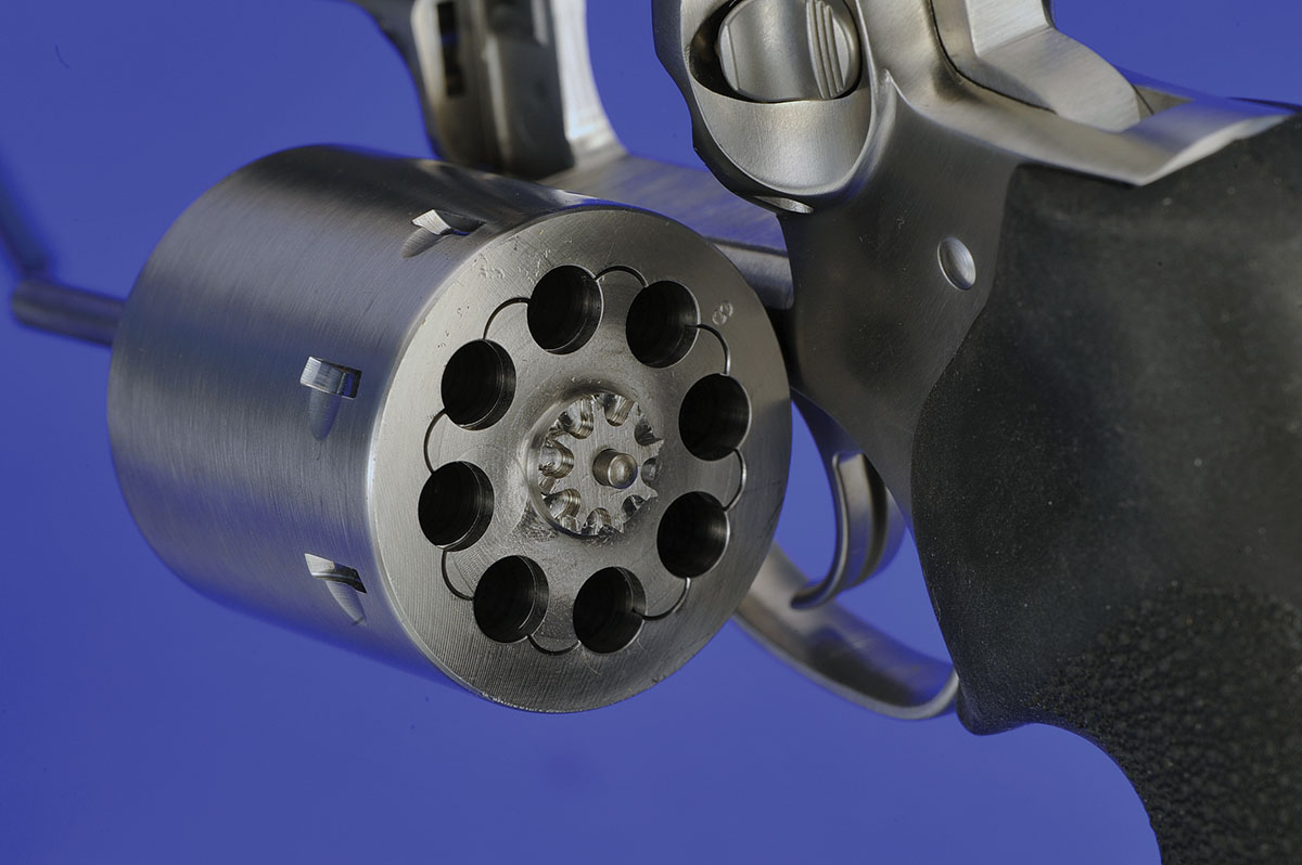 Holding eight rounds of Hornet ammunition, the cylinder is massive but moves easily in single or double action. The gun is stainless steel and all are assembled under tight tolerances.